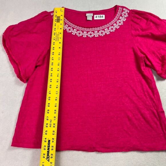 Chicos Tee Womens 3 US XL Pink Linen Knit Top Short Sleeve Pullover Embroidery - Picture 8 of 10